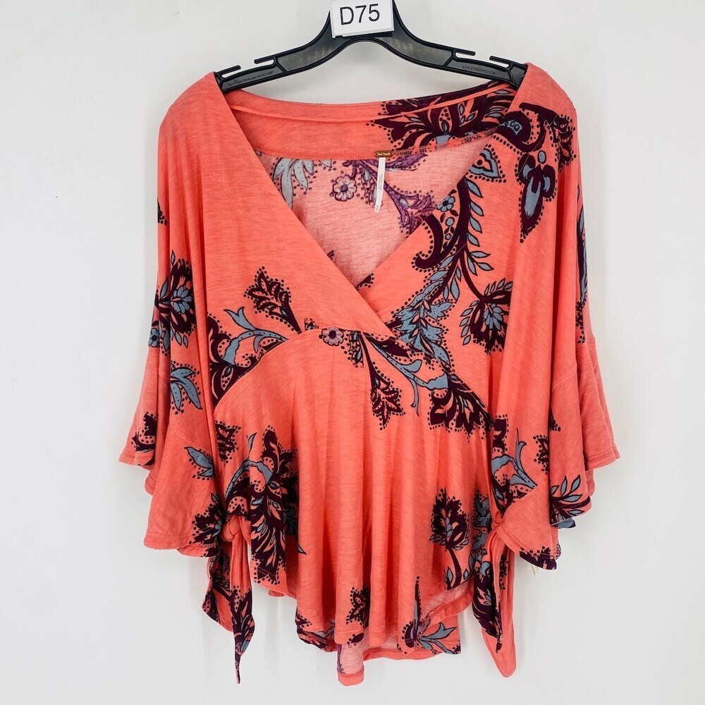 Free People Top Women XS Maui Wowie Coral Floral Side Tie V-Neck Flutter Sleeves